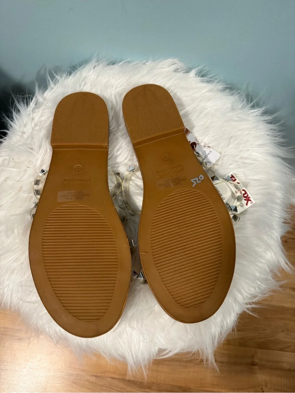 Sincerely Jules Tan Slide Sandals with Clear Studded Straps